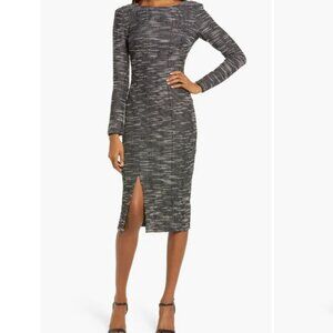 Dress the Population Natalie Front Slit Long Sleeve Stretch Tweed Midi Dress